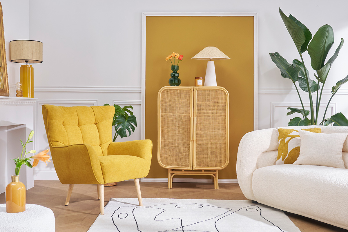 Silln nrdico efecto terciopelo amarillo mostaza y madera AVERY