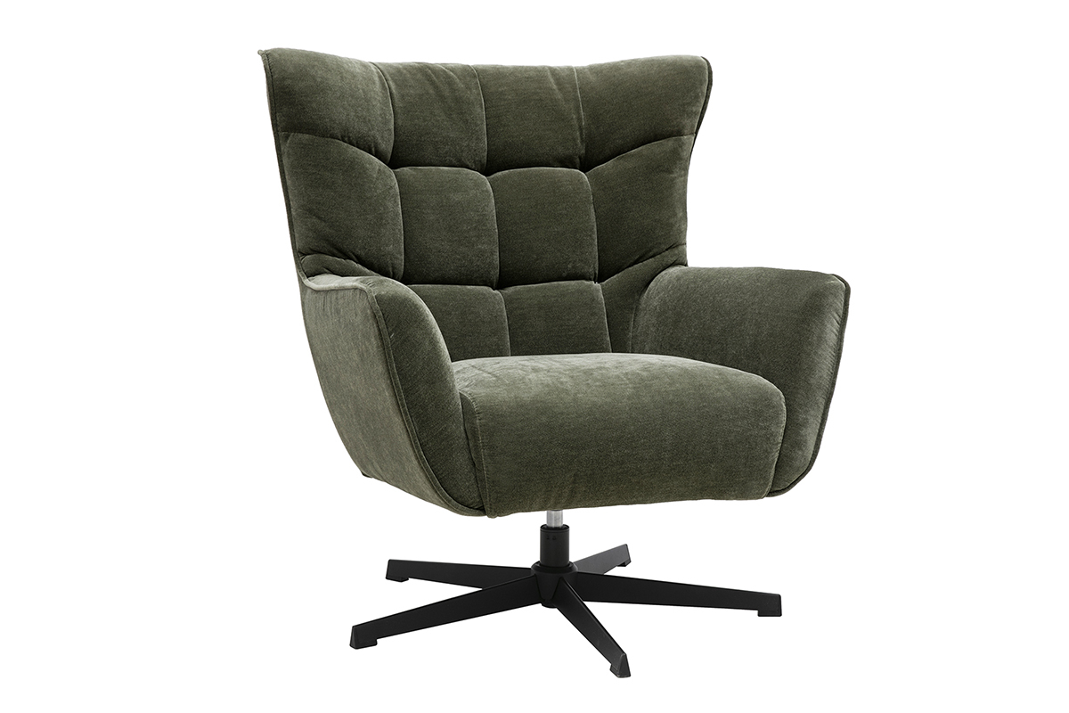 Sill�n giratorio en tejido efecto terciopelo verde caqui con patas de metal negro, vista de tres cuartos.