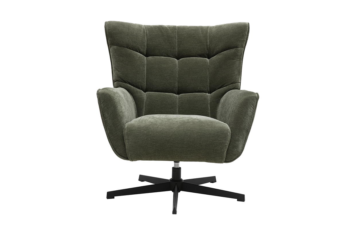 Sill�n giratorio de terciopelo verde caqui con estructura de metal negro, vista frontal