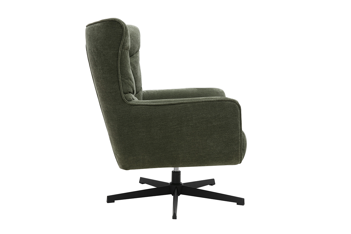 Sill�n giratorio de tela efecto terciopelo verde caqui, vista de perfil, con base de metal negro.