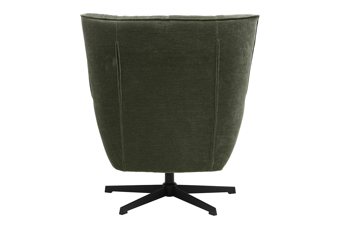 Vista trasera del sill�n giratorio de tela con efecto terciopelo verde caqui y patas de metal negro.