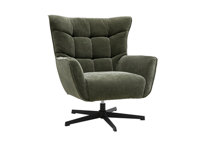 Sill&oacute;n pivotante de tejido efecto terciopelo verde caqui y metal AVERY