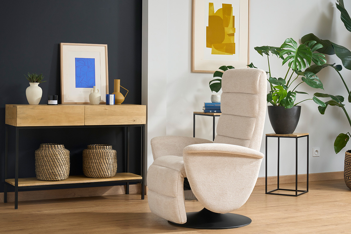 Silln reclinable giratorio manual de tela chenilla beige NELSON