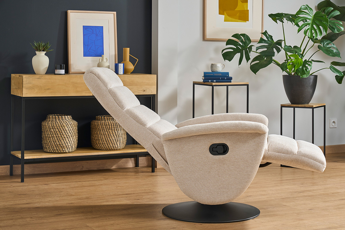 Silln reclinable giratorio manual de tela chenilla beige NELSON