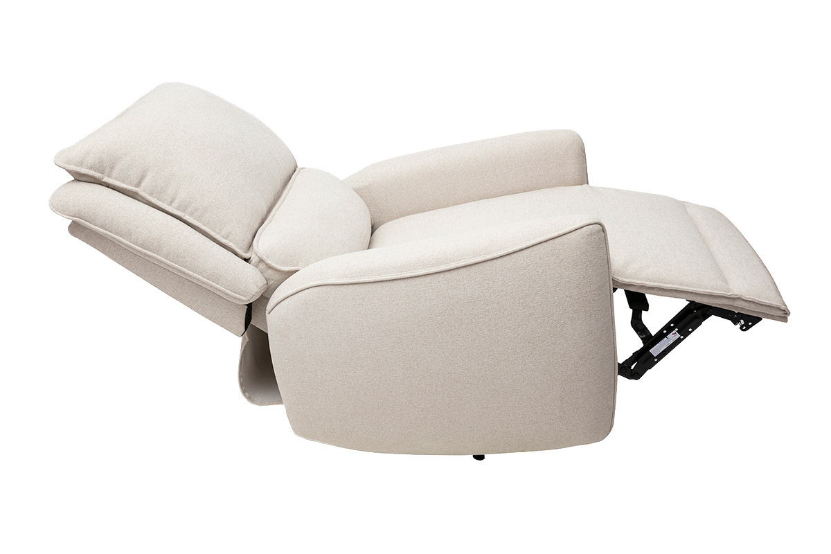 Sill�n relax el�ctrico de tela beige con reposapi�s desplegado, vista lateral