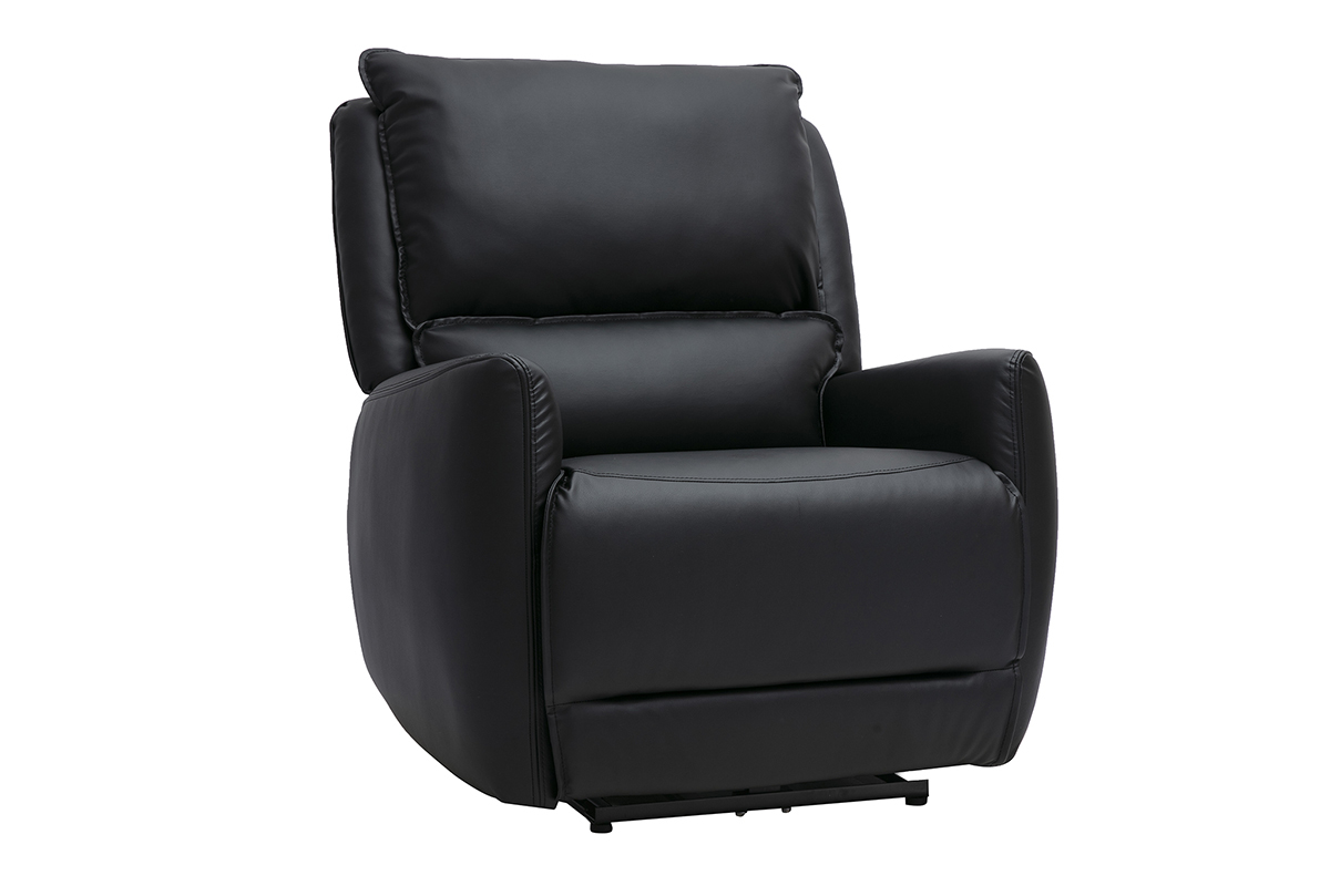 Sill�n relax el�ctrico negro RACHEL, vista en tres cuartos con reposabrazos y cojines de apoyo.