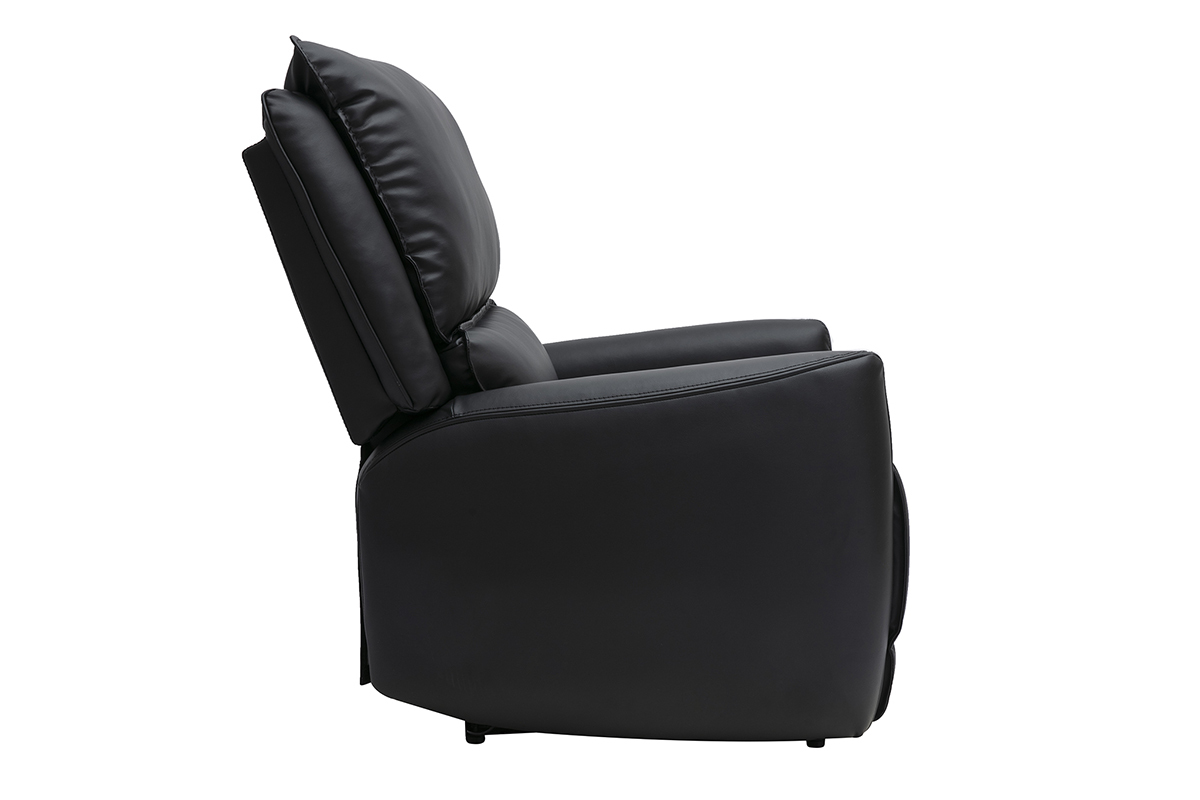 Sill�n relax el�ctrico negro RACHEL vista de perfil, respaldo inclinado y reposapi�s desplegado.