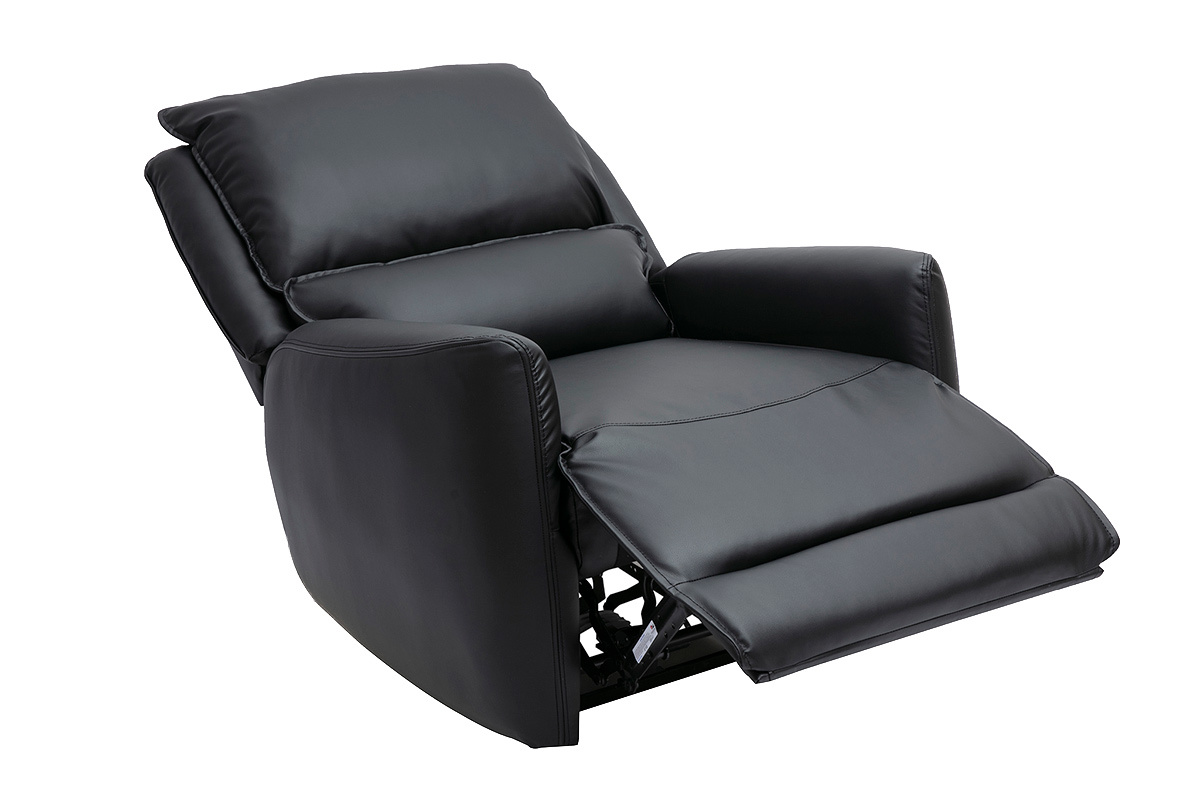 Sill�n relax el�ctrico negro RACHEL con reposapi�s desplegado, vista de 3/4.