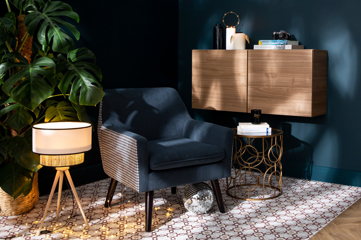 Sill�n retro en terciopelo azul gris y tejido pata de gallo DORIS