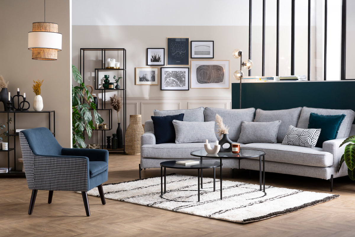 Sill�n retro en terciopelo azul gris y tejido pata de gallo DORIS