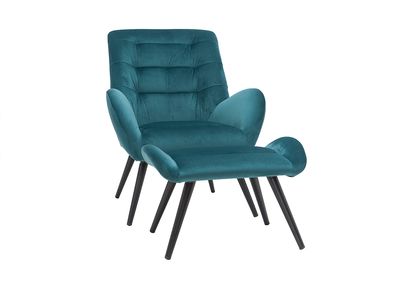 Sillón y reposapiés moderno en terciopelo azul petróleo ZOE