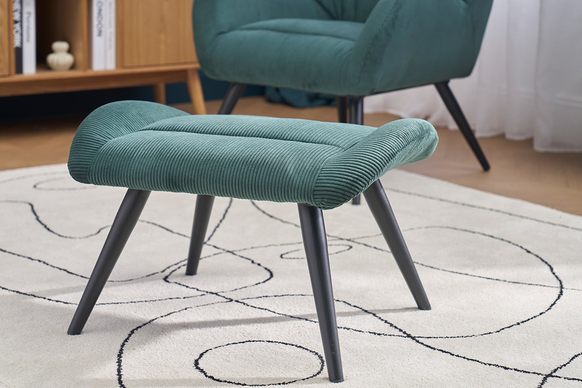 Reposapi�s de pana verde con patas de metal negro, vista lateral.