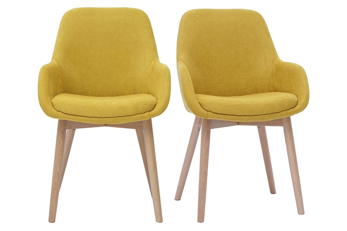 Sillones escandinavos de tela efecto terciopelo amarillo mostaza y madera maciza clara (lote de 2) HOLO