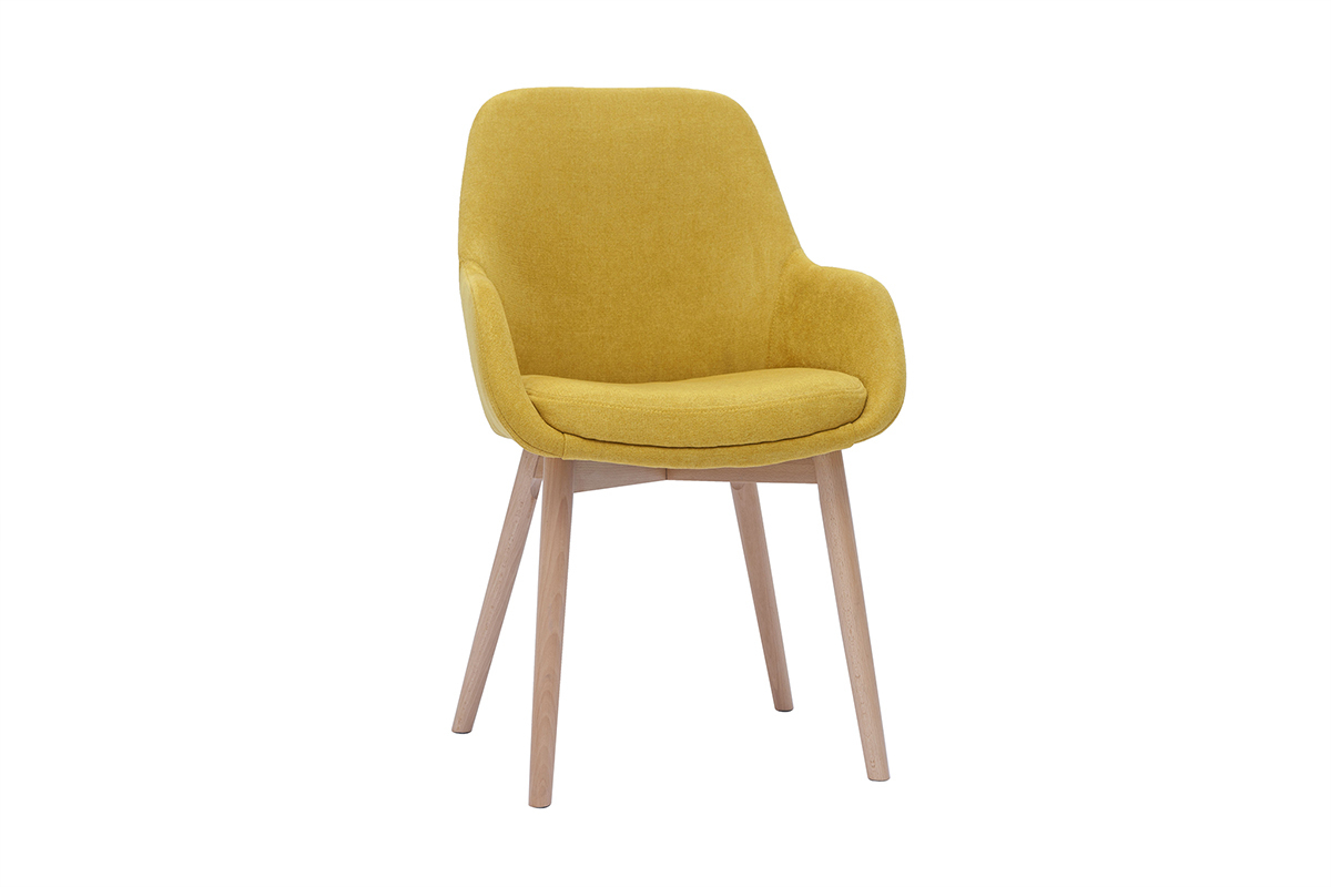 Sillones escandinavos de tela efecto terciopelo amarillo mostaza y madera maciza clara (lote de 2) HOLO