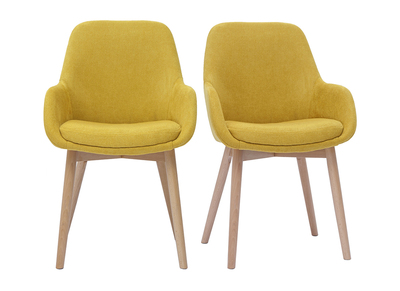 Sillones escandinavos de tela efecto terciopelo amarillo mostaza y madera maciza clara (lote de 2) HOLO