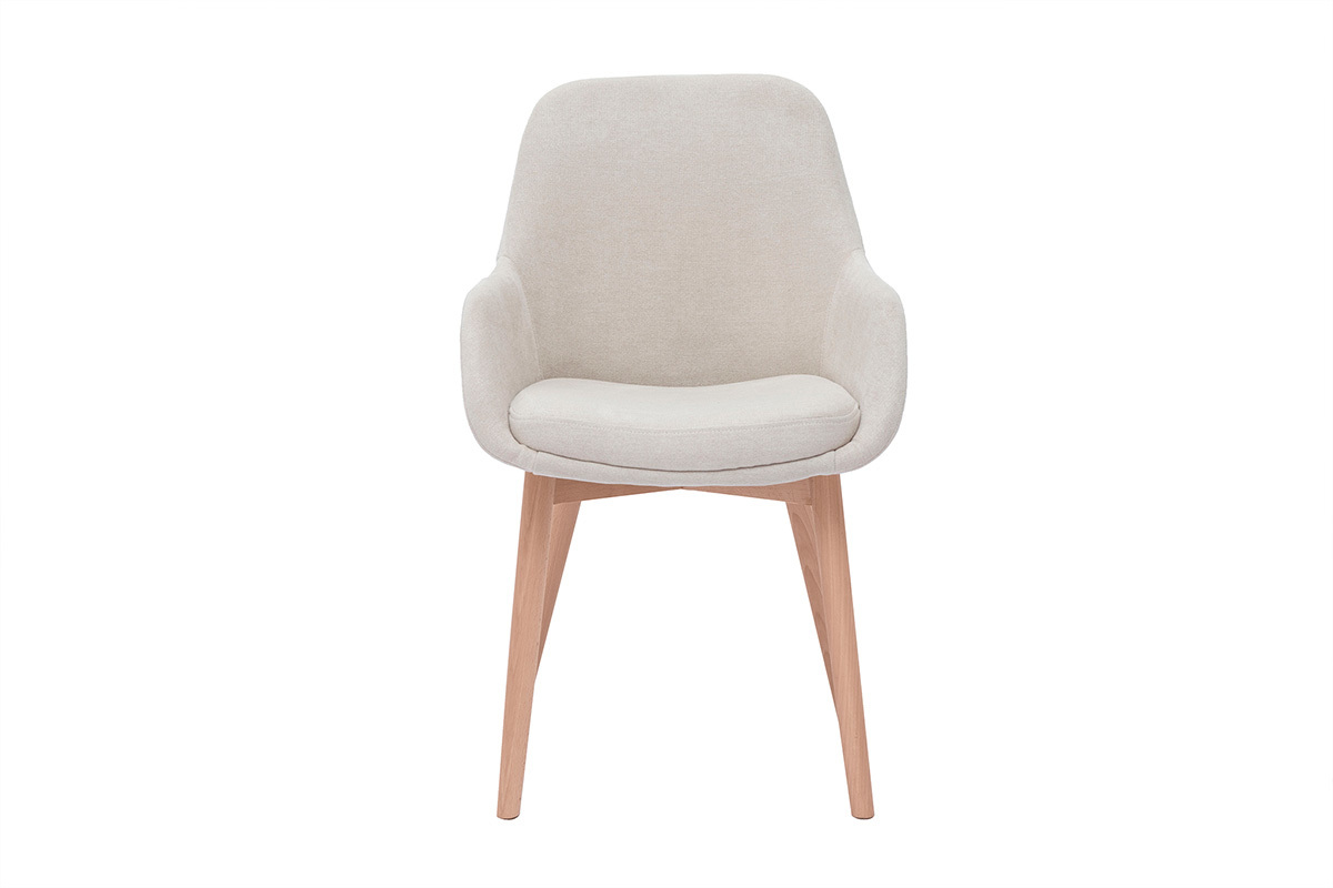 Sill�n escandinavo de tela beige, vista frontal, patas de madera clara.