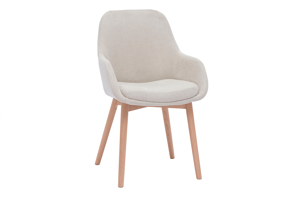 Sill�n escandinavo de tela de terciopelo beige y patas de madera clara, vista de 3/4.