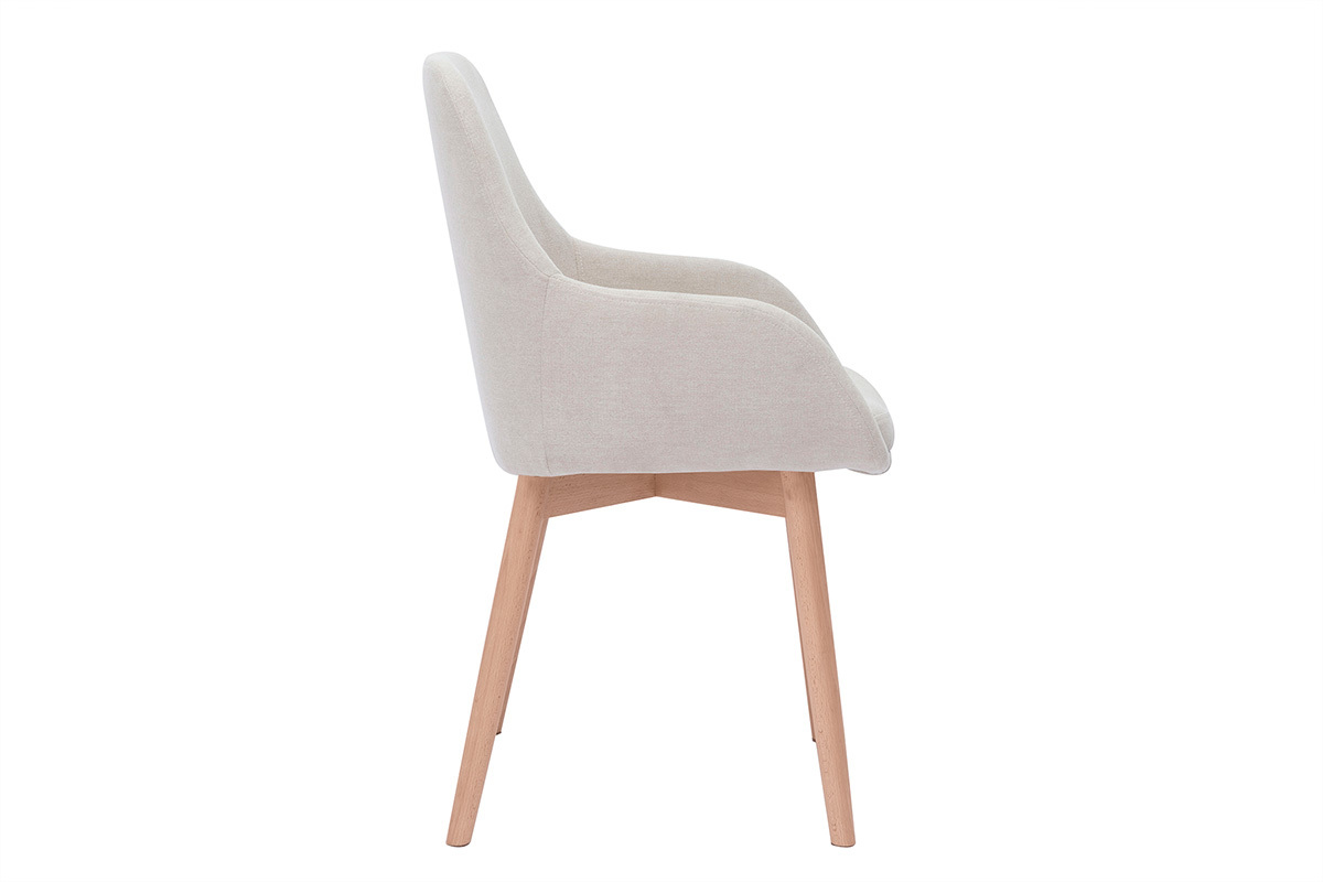 Sill�n escandinavo beige en tela y madera clara, vista lateral.