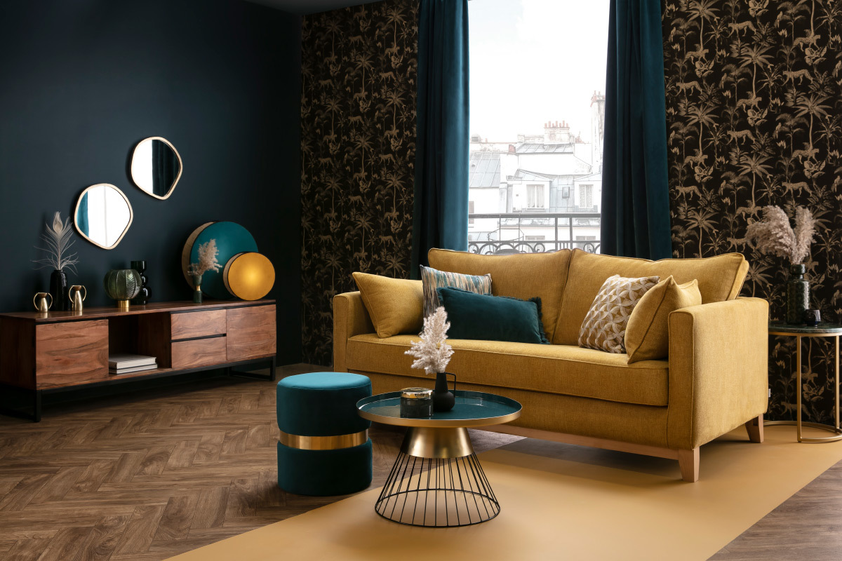 Sof 3plazas amarillo con acabado haya natural HARRISON