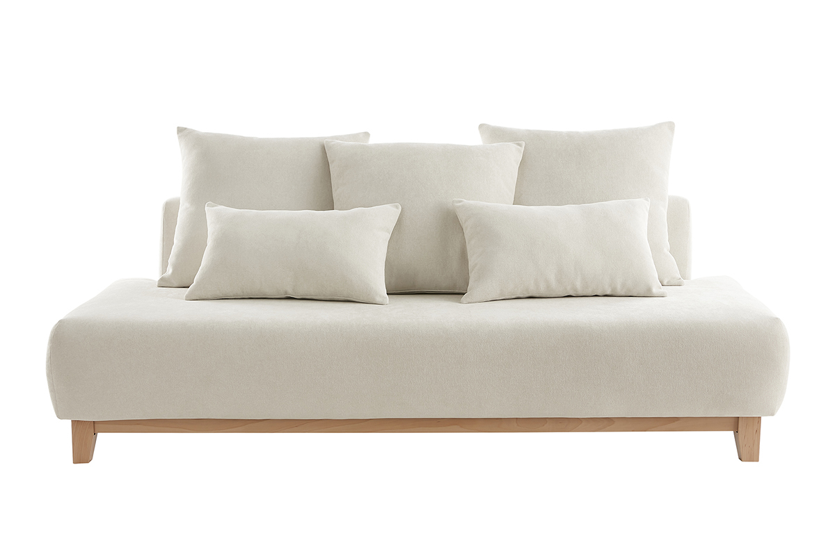 Sof 3 plazas de tejido efecto aterciopelado texturizado beige y madera clara 200 cm ODEON