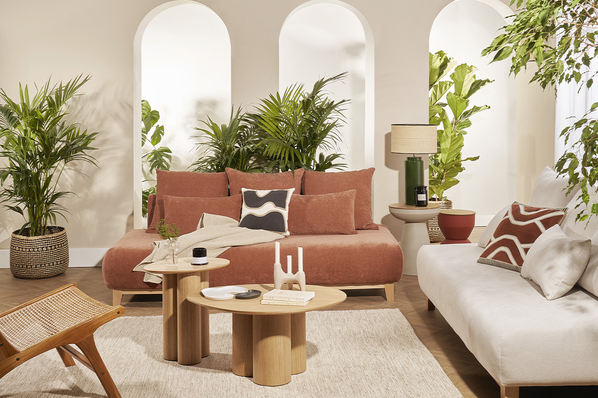 Sof 3 plazas de tejido efecto aterciopelado texturizado gris y madera clara 200 cm ODEON