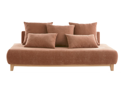 Sofá 3 plazas de tejido efecto aterciopelado texturizado terracota y madera clara 200 cm ODEON