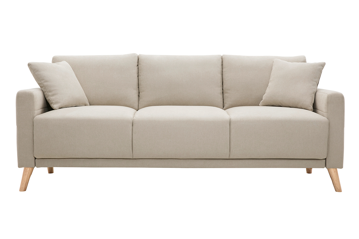 Sofá 3 plazas de tela beige y madera clara MUNIK