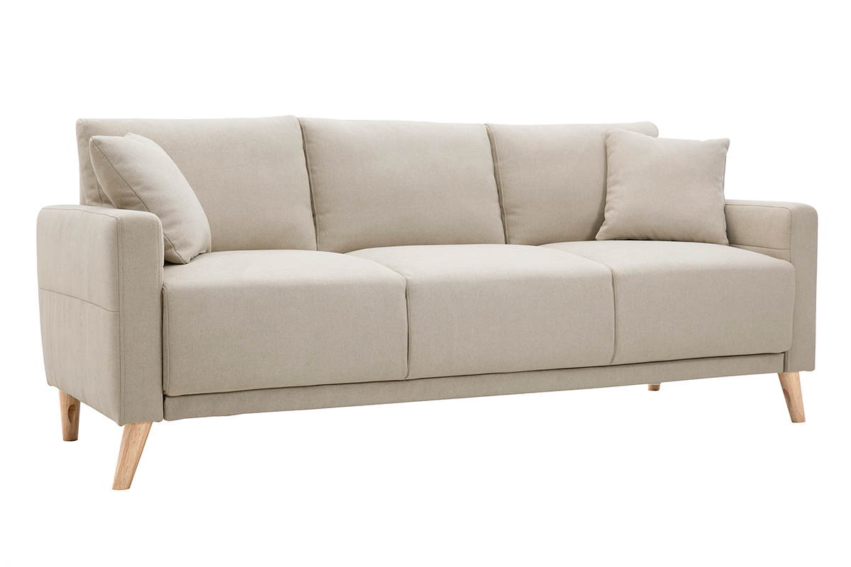 Sofá 3 plazas de tela beige y madera clara MUNIK