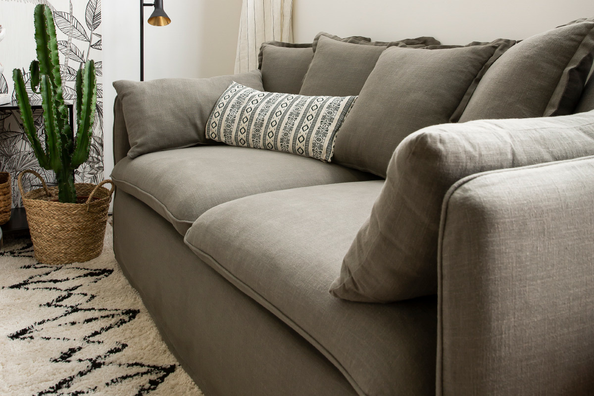 Sof� 3 plazas desenfundable en lino verde gris�ceo MERLIN