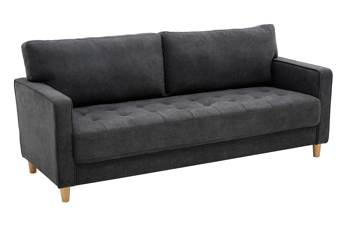Sof 3plazas efecto aterciopelado acolchado gris oscuro y madera CUMBIA