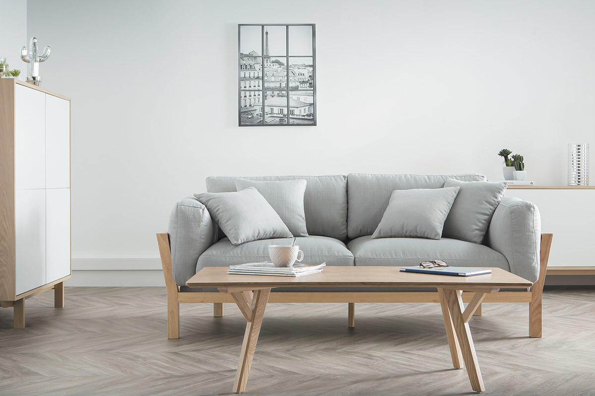 Sof 3 plazas gris claro patas madera KYO