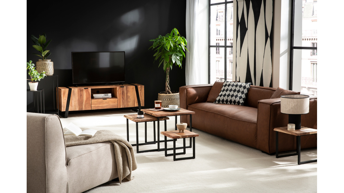 Sofá 3 plazas moderno de piel de búfalo COBAIN Miliboo