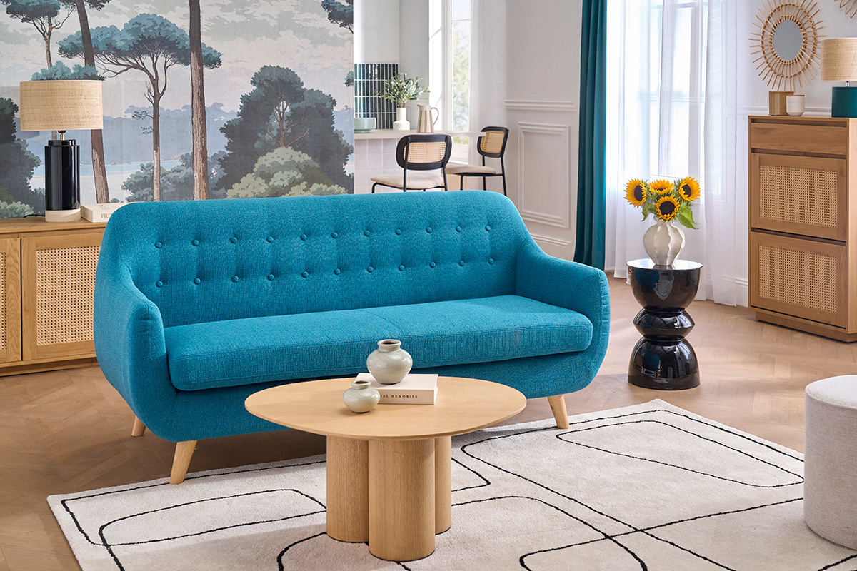 Sof� 3 plazas n�rdico desenfundable azul petr�elo y madera YNOK