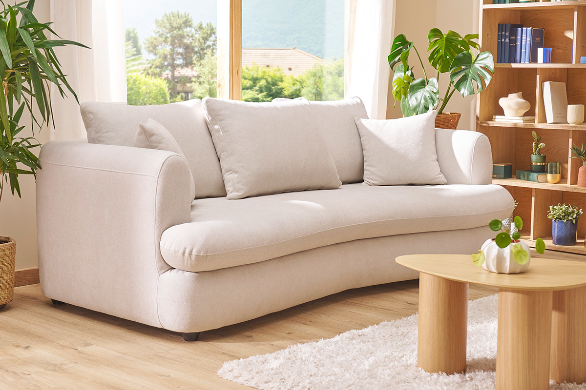 Sof cama 3-4 plazas desenfundable con forma de juda de tejido efecto aterciopelado beige claro SACHA