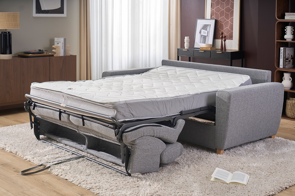Sof� convertible de 3 plazas GOYA, abierto con colch�n de 18 cm, en tejido gris, vista lateral