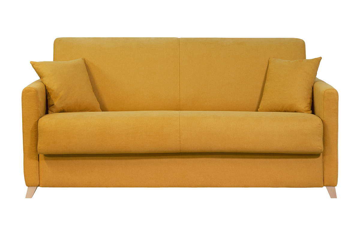 Sof cama 3plazas efecto aterciopelado amarillo mostaza con colchn de 12cm SKANDY