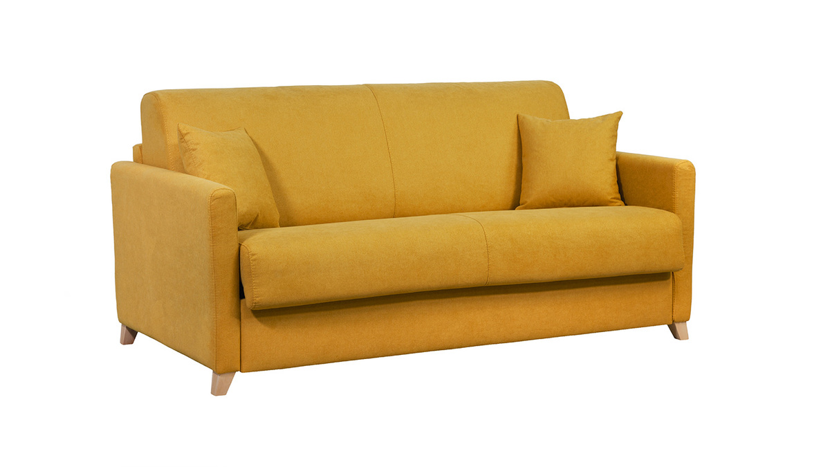 Sof cama 3plazas efecto aterciopelado amarillo mostaza con colchn de 12cm SKANDY