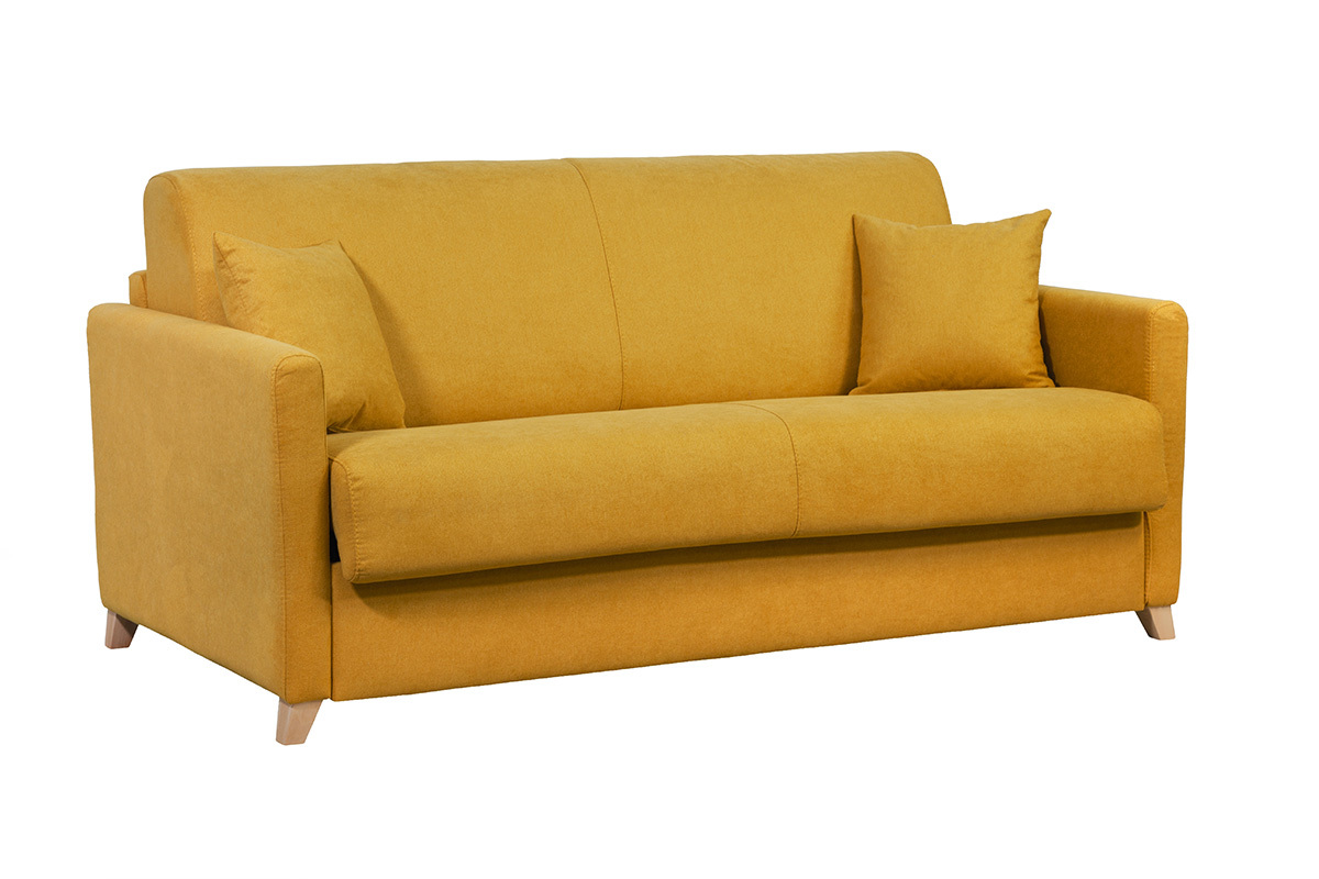 Sof cama 3plazas efecto aterciopelado amarillo mostaza con colchn de 12cm SKANDY