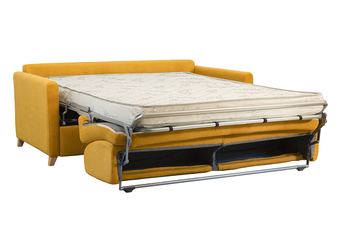 Sof cama 3plazas efecto aterciopelado amarillo mostaza con colchn de 12cm SKANDY