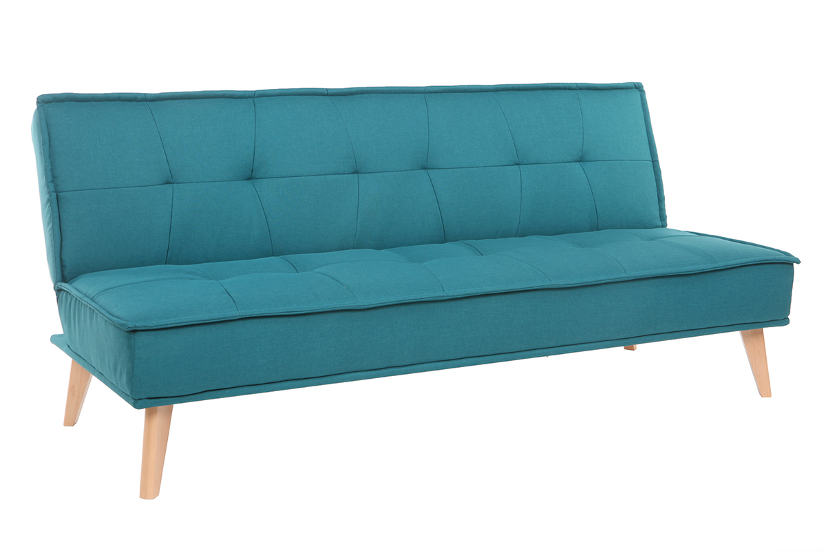 Sof cama 3 plazas en tejido azul petrleo y madera SHANTI