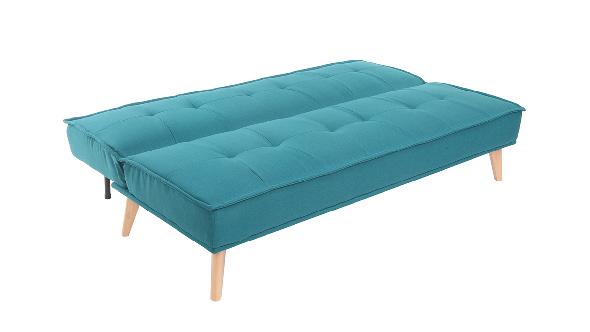 Sof cama 3 plazas en tejido azul petrleo y madera SHANTI