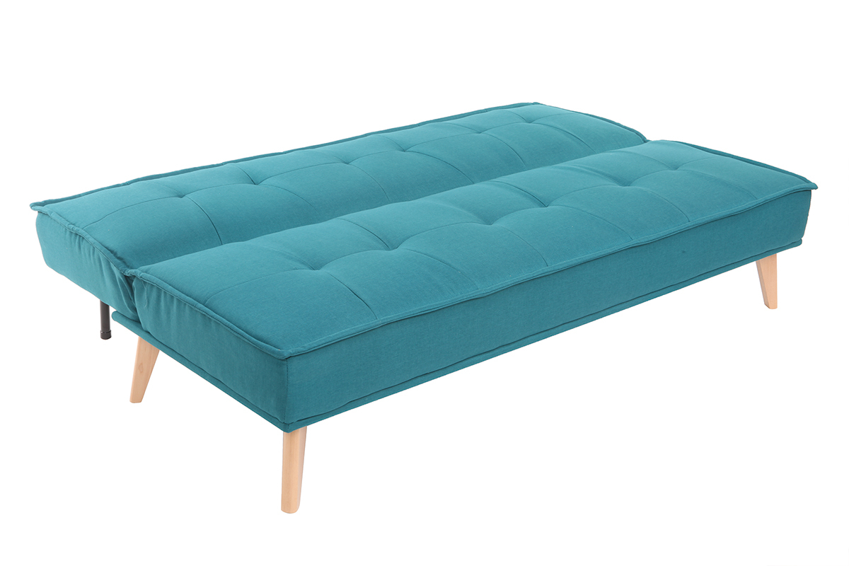 Sof cama 3 plazas en tejido azul petrleo y madera SHANTI