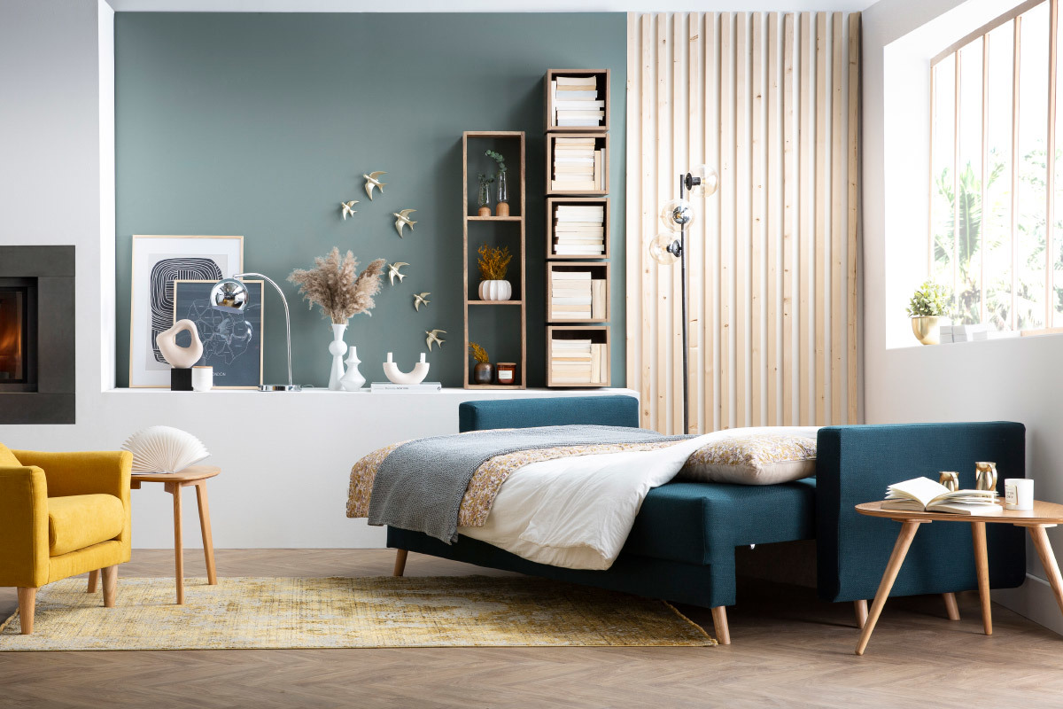 Sof cama 3plazas estilo nrdico con cajn beige MIRA