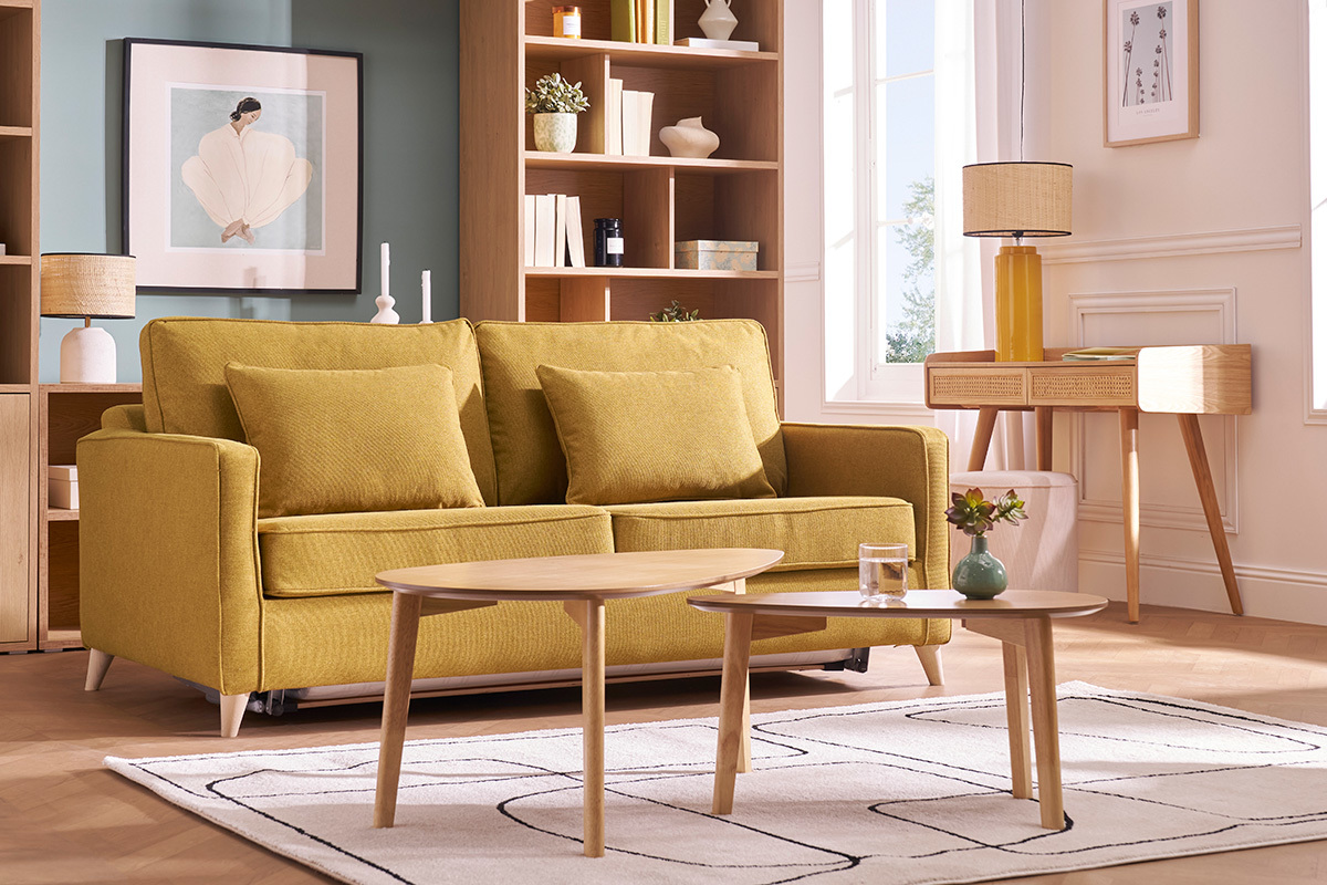 Sof cama 3plazas nrdico amarillo comino con colchn de 10cm PAPEL