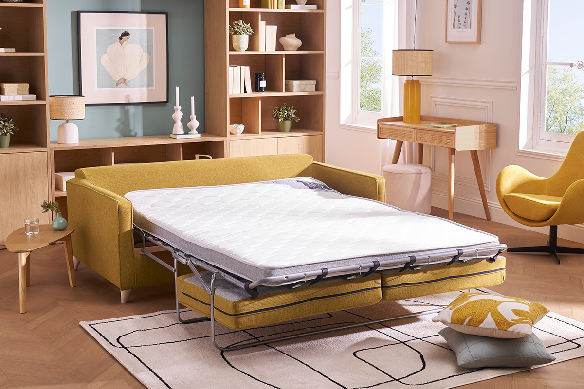 Sof cama 3plazas nrdico amarillo comino con colchn de 10cm PAPEL