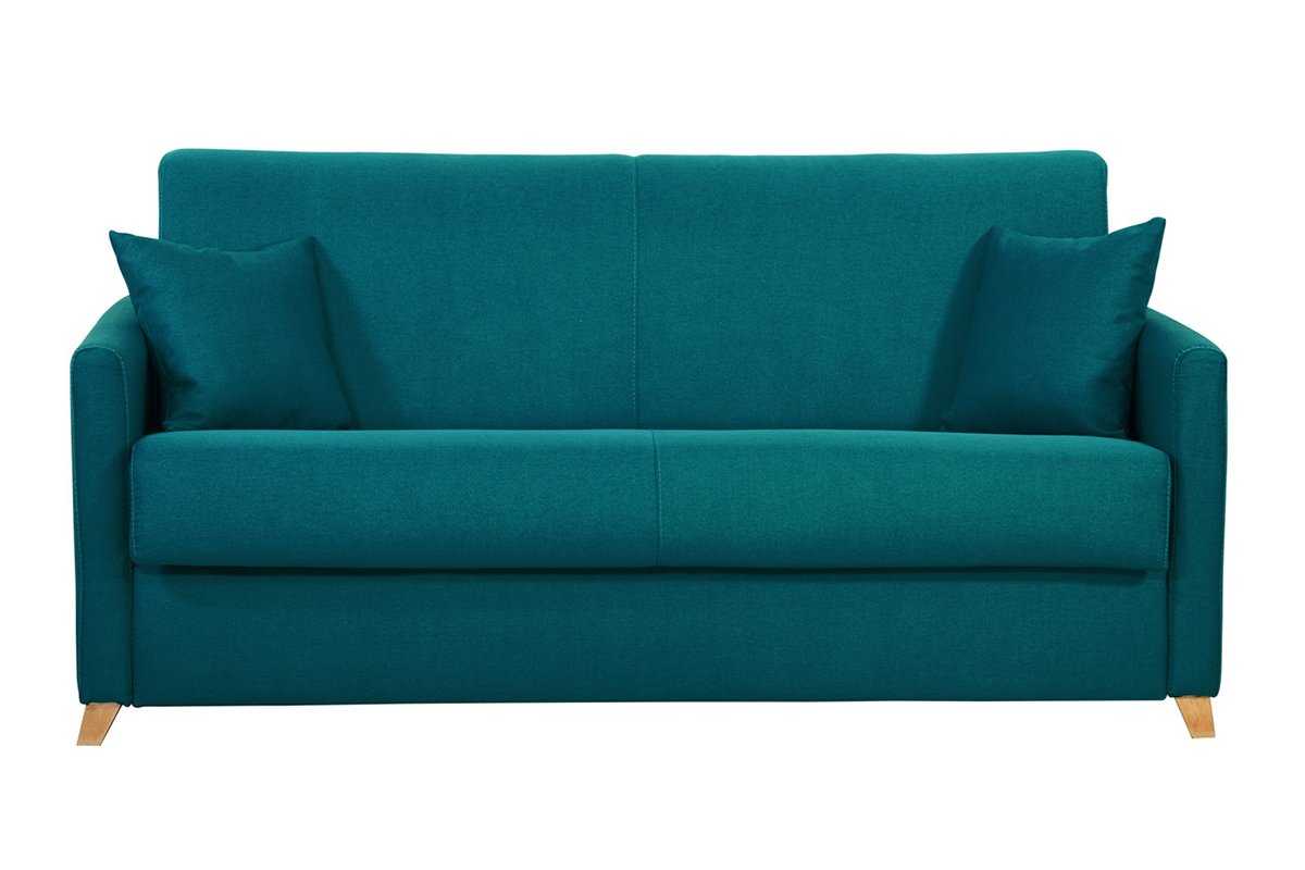 Sof cama 3 plazas nrdico azul petrleo y madera clara con colchn de 18 cm SKANDY