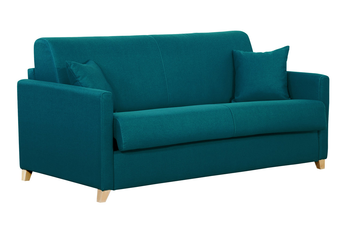 Sof cama 3 plazas nrdico azul petrleo y madera clara con colchn de 18 cm SKANDY