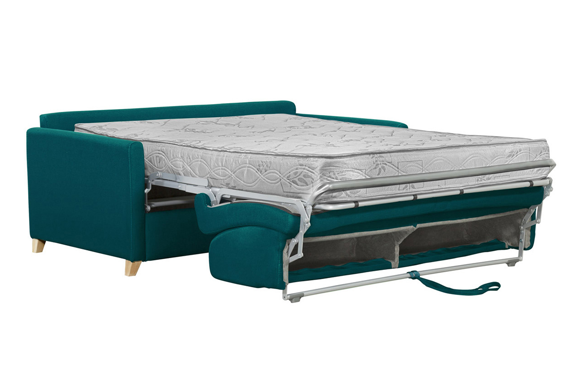 Sof cama 3 plazas nrdico azul petrleo y madera clara con colchn de 18 cm SKANDY