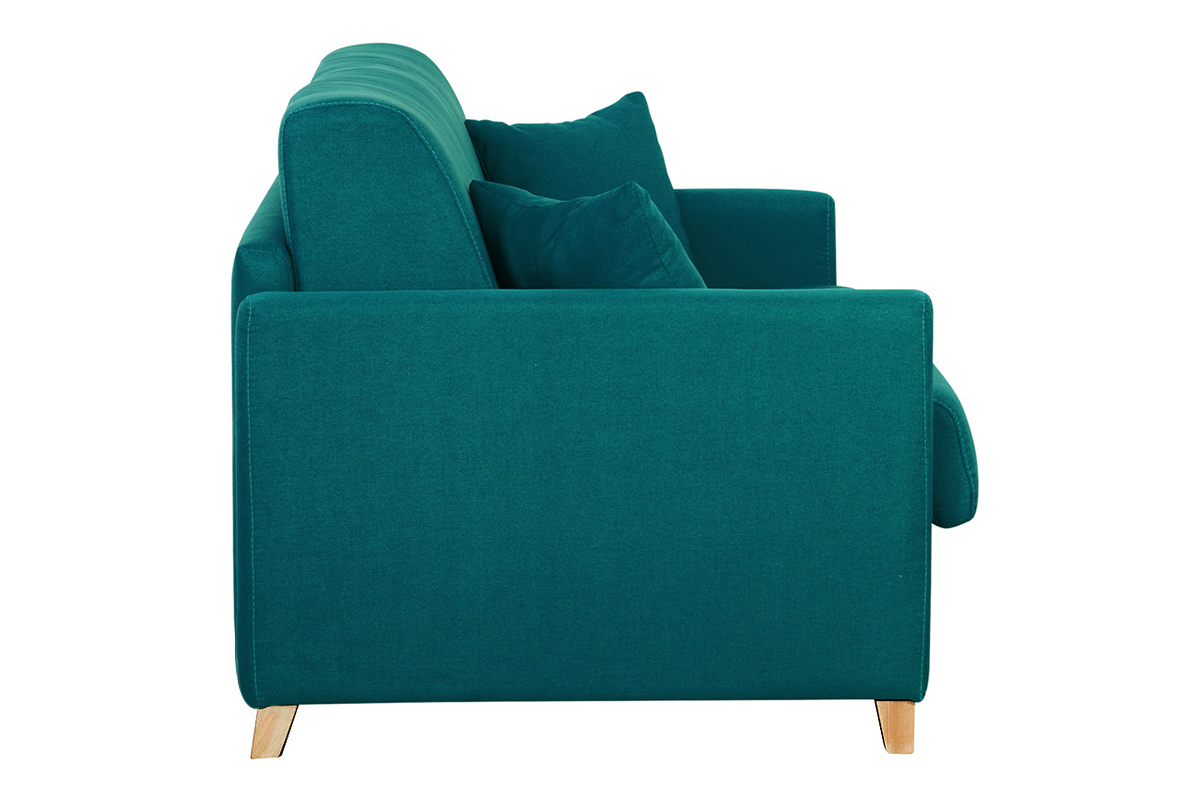Sof cama 3 plazas nrdico azul petrleo y madera clara con colchn de 18 cm SKANDY