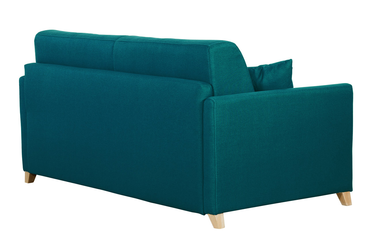 Sof cama 3 plazas nrdico azul petrleo y madera clara con colchn de 18 cm SKANDY